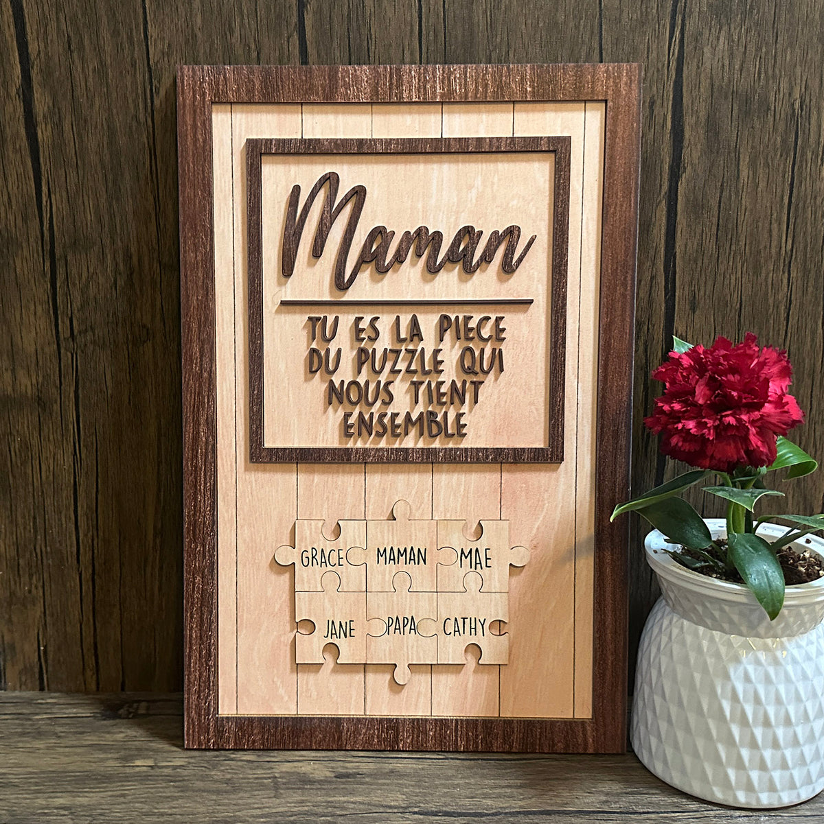 Brown wooden base with wooden puzzle, You Are The Piece That Holds Us Together, Mother's Day Gifts