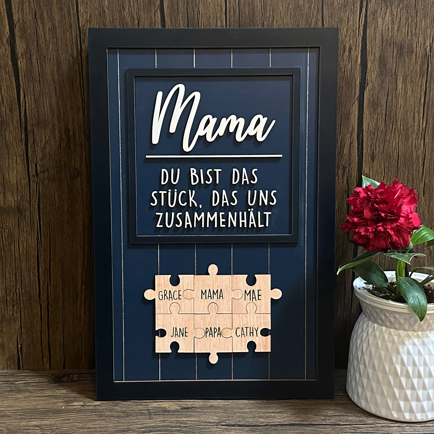 Blau mit silbernem Puzzle, Du bist das Stück, das uns zusammenhält, Muttertagsgeschenke