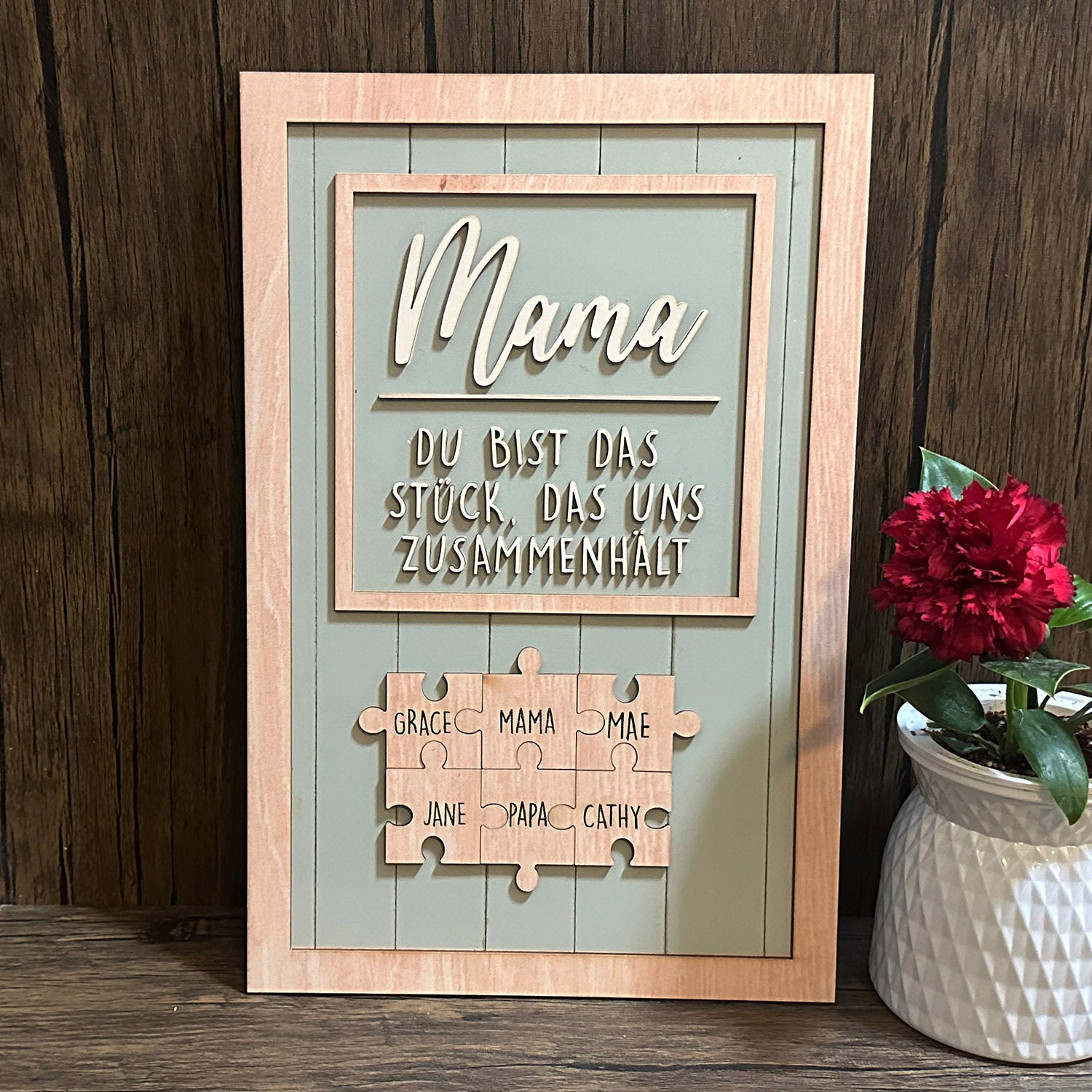 Blau mit silbernem Puzzle, Du bist das Stück, das uns zusammenhält, Muttertagsgeschenke