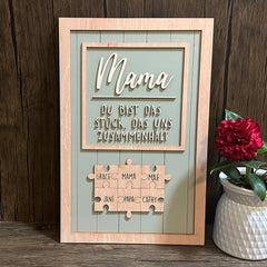 Grüne Basis mit hölzernen Puzzleteilen, Du Bist Das Stück, Das Uns Zusammenhält, Geschenk für Mama, Holz-Fotorahmen-Ornamente, Geschenk für Mama