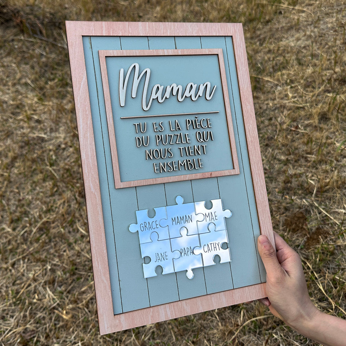 Grün mit Silber Puzzle, Du bist das Stück, das uns zusammenhält, Muttertagsgeschenke