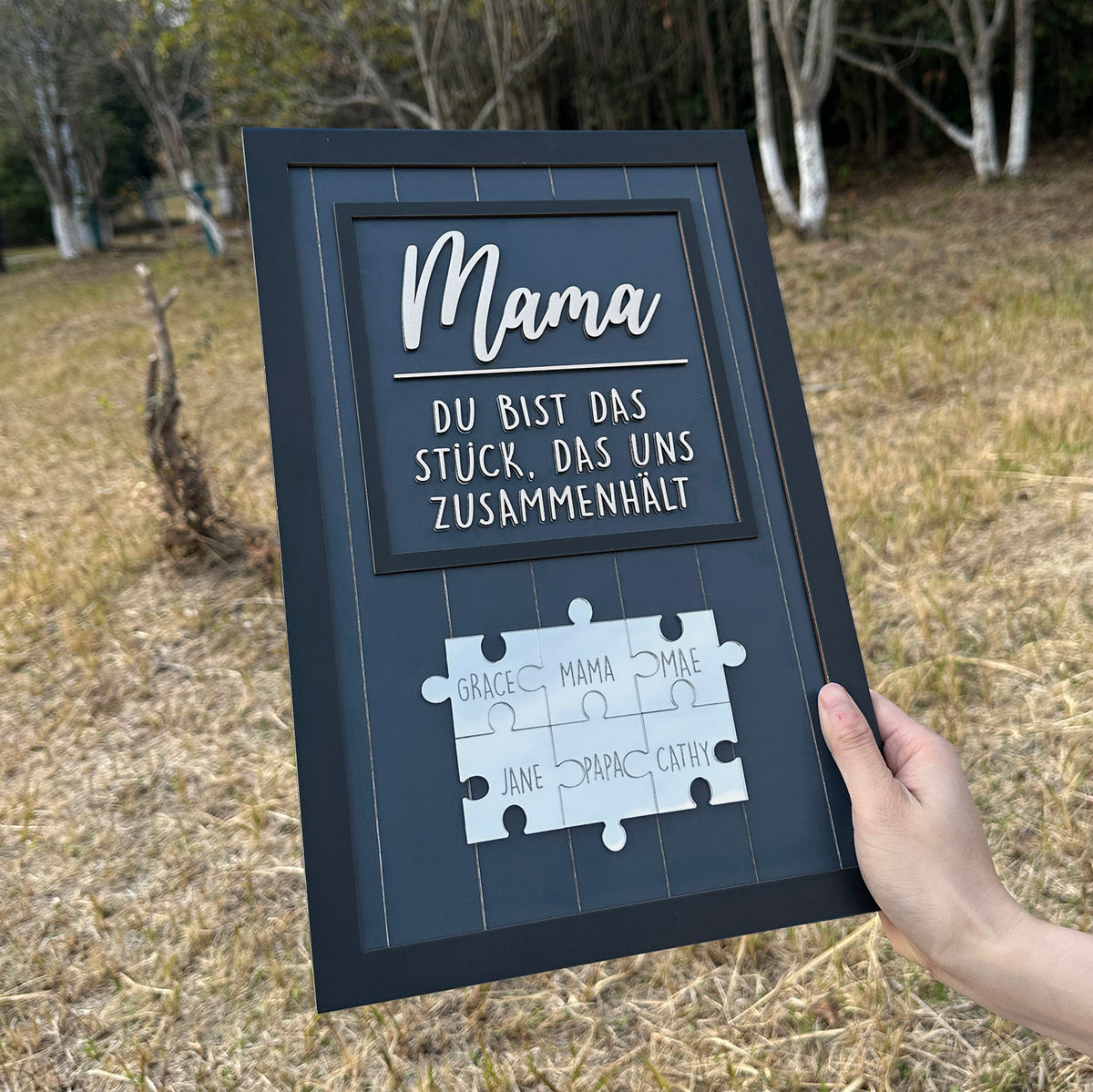 Blau mit silbernem Puzzle, Du bist das Stück, das uns zusammenhält, Muttertagsgeschenke