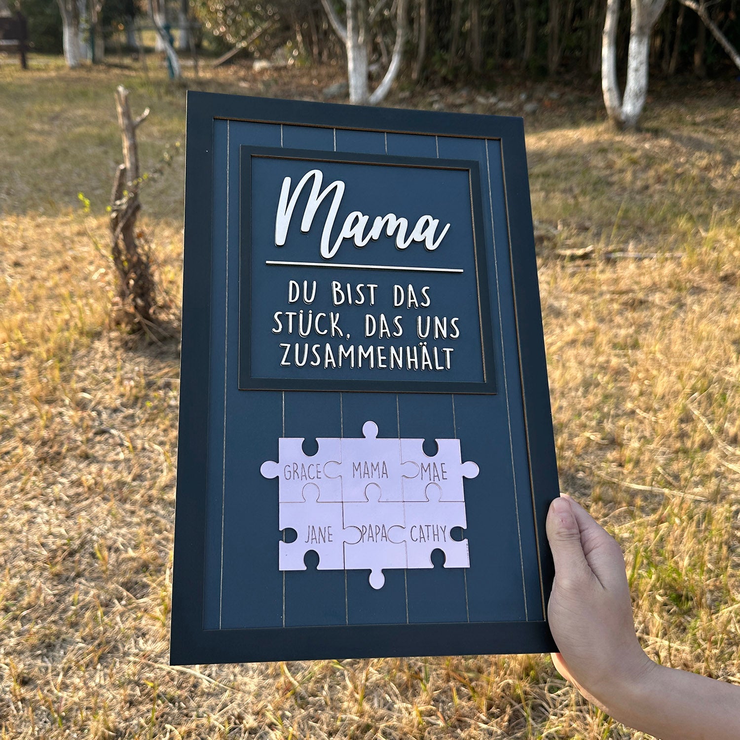 Blau mit silbernem Puzzle, Du bist das Stück, das uns zusammenhält, Muttertagsgeschenke