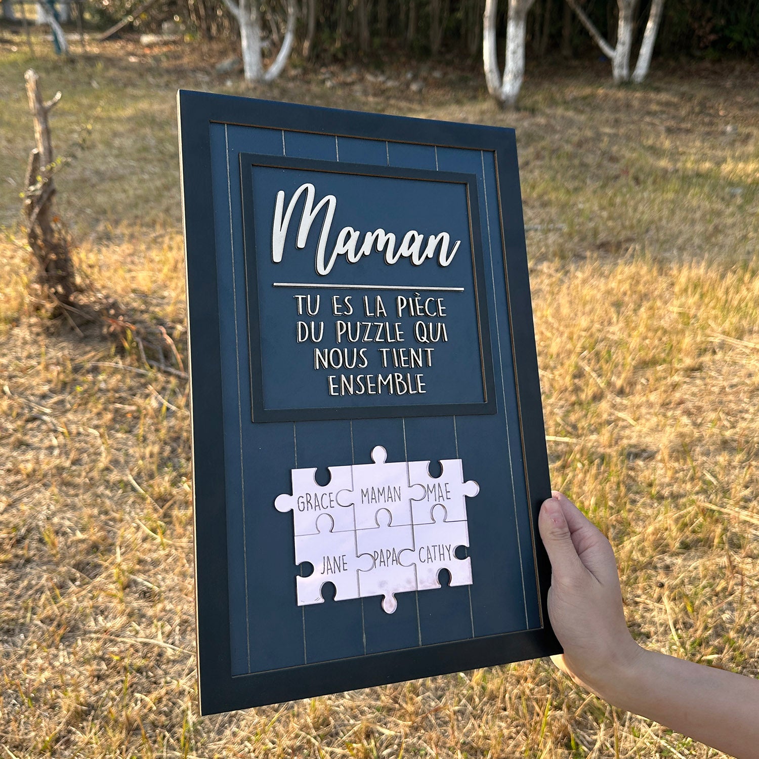 Blau mit silbernem Puzzle, Du bist das Stück, das uns zusammenhält, Muttertagsgeschenke