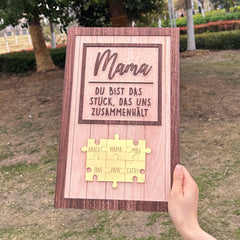 Grüne Basis mit hölzernen Puzzleteilen, Du Bist Das Stück, Das Uns Zusammenhält, Geschenk für Mama, Holz-Fotorahmen-Ornamente, Geschenk für Mama