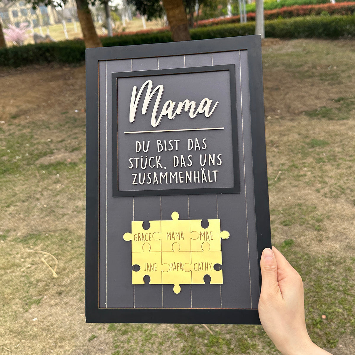 Schwarze Basis mit roségoldenem Puzzle, Geschenk für Mama, Du Bist Das Stück, Das Uns Zusammenhält, Holz-Fotorahmen-Ornamente